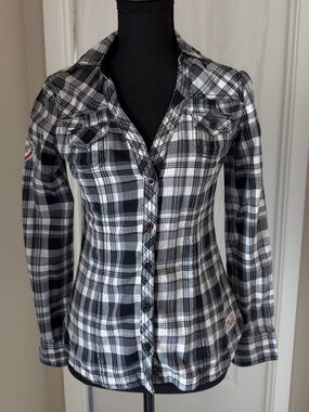 Guess Vintage Fitted Western Plaid Shirt XS Navy Blue